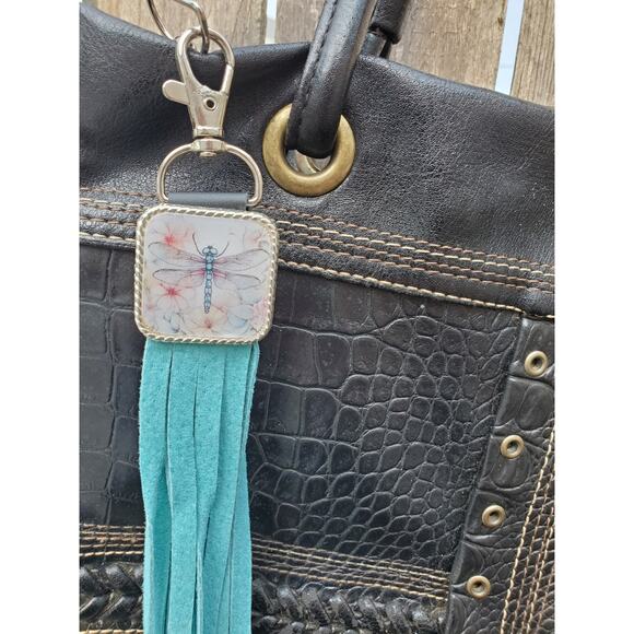 Handmade dragonfly lover Leather Fringe Western bag charm, Long fringe keychain - Picture 4 of 4
